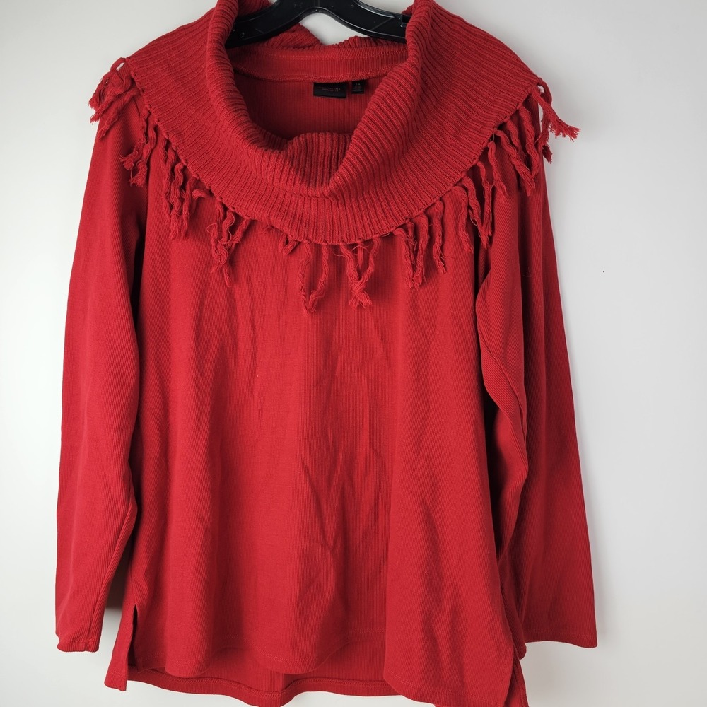 Rafaella Womens Red Retro Cowl Neck Turtleneck Fringe Sweater Size 2X Y2K 90s LS